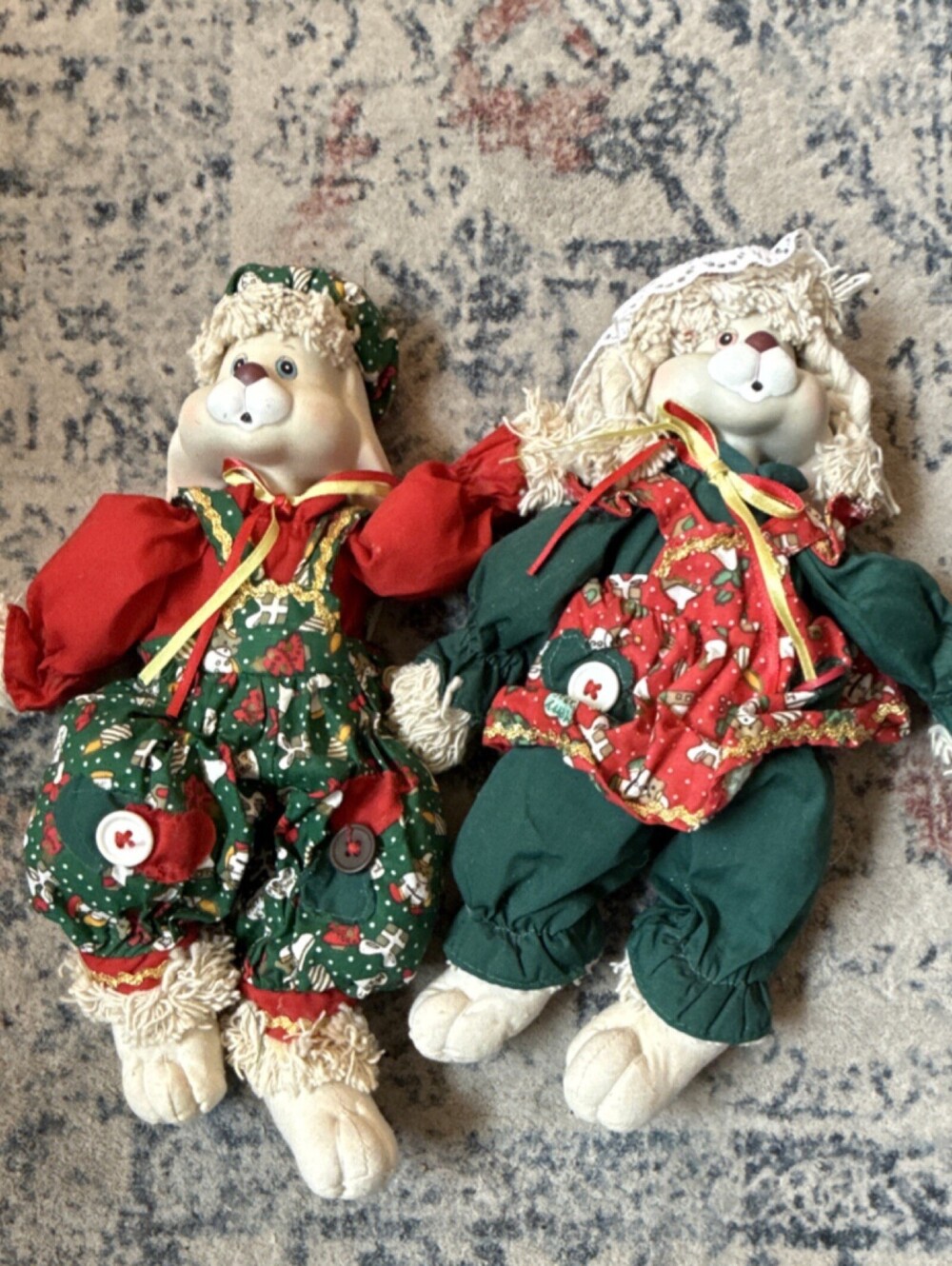 Vintage TLToys Christmas Bunny Figurines Set of 2, 1995, Red Green Multicolor